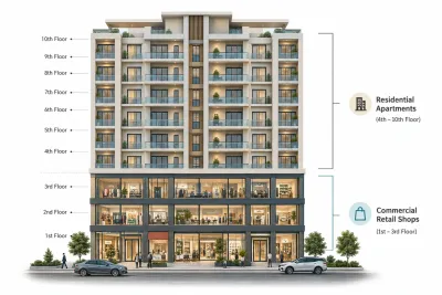 Ayesha Tower building structure showing commercial floors below and residential apartment floors above