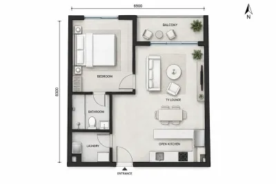 Ayesha Tower 1 bed apartment layout with open kitchen, TV lounge and laundry area