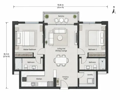Ayesha Tower 2 bed apartment layout with two attached bathrooms and larger lounge