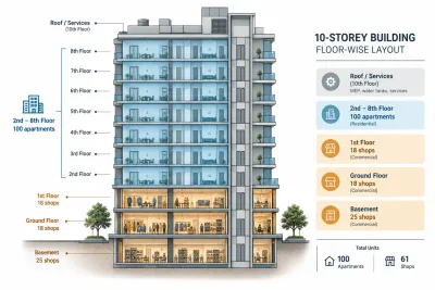 Ayesha Tower floor plan diagram showing commercial podium and residential floors 2 to 8