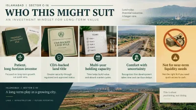 Infographic showing the investor profile suited to C-16: a patient long-horizon investor with CDA-backed land-title confidence, multi-year holding capacity, and comfort with uncertainty, rather than someone needing quick liquidity.