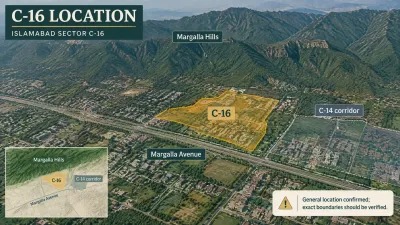 Aerial infographic showing Islamabad Sector C-16 highlighted near the Margalla Hills and Margalla Avenue, with the C-14 corridor also labelled. The graphic notes that exact boundaries should be verified.