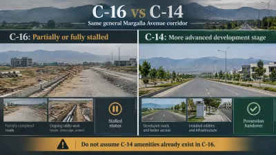 Split infographic comparing C-16 and C-14: C-16 is shown with partially completed roads, ongoing utility work, and stalled status, while C-14 is shown with developed roads, installed utilities, and possession handover.