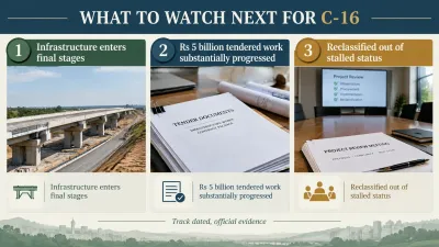 Checklist infographic showing three C-16 turnaround markers: infrastructure entering final stages, substantial progress on the Rs 5 billion tendered work, and reclassification out of stalled status.