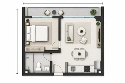 Lake Harbour 2 floor plans, 538 sq ft one-bed lake-view apartment layout with bedroom, lounge, kitchen and balcony