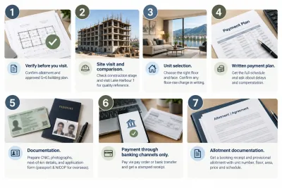 Seven-step property buying infographic covering verification, site visit, unit selection, payment plan, documents, bank payment, and allotment.