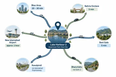Infographic showing approximate drive times to Lake Harbour 2 from Blue Area, Bahria Enclave, Bhara Kahu, Rawalpindi and the airport