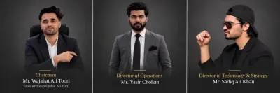 Professional leadership profile featuring Chairman Wajahat Ali Toori, Director of Operations Yasir Chohan, and Director of Technology & Strategy Sadiq Ali Khan against a consistent dark background.