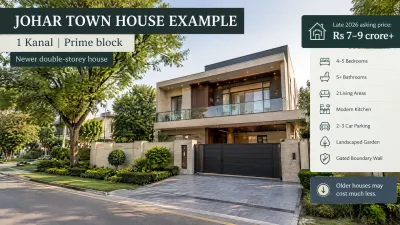 Realistic infographic showing a modern double-storey 1 Kanal house in a prime Johar Town block, with a late-2026 asking price of Rs 7 to 9 crore or more.