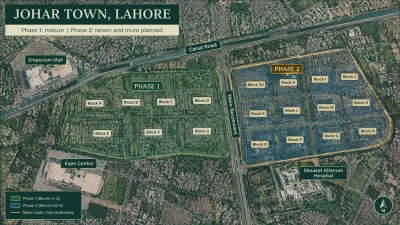 Aerial map infographic of Johar Town Lahore showing Phase 1 with Blocks A to G, Phase 2 with Blocks G2 to R, Canal Road, Main Boulevard, Emporium Mall, Expo Centre and Shaukat Khanum Hospital.
