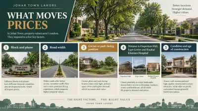 Infographic showing five factors that influence Johar Town property prices: block and phase, road width, corner or park-facing position, distance to Emporium Mall, Expo Centre and Shaukat Khanum Hospital, and construction condition.