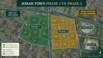 Map infographic comparing Johar Town Phase 1 and Phase 2, showing Phase 1 Blocks A to G, Phase 2 Blocks G2 to R, Canal Road, Main Boulevard, Emporium Mall and Expo Centre.