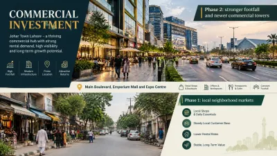 Commercial investment infographic comparing Johar Town Phase 2’s busy commercial boulevard and newer towers with Phase 1’s quieter local neighborhood markets.
