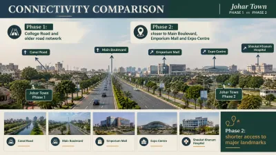 Connectivity infographic comparing Johar Town Phase 1 and Phase 2, showing Phase 1’s older road network and Phase 2’s closer access to Main Boulevard, Emporium Mall, Expo Centre and Shaukat Khanum Hospital.