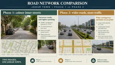 Road network comparison infographic showing Johar Town Phase 1’s narrower, quieter inner streets and Phase 2’s wider roads, landscaped medians and busier commercial access points.