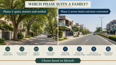 Split infographic comparing family living in Johar Town Phase 1 and Phase 2, showing mature tree-lined streets and established homes in Phase 1, and newer homes, wider roads and urban connectivity in Phase 2.
