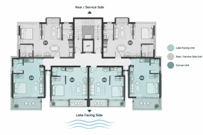 Typical floor plate diagram showing lake-facing units, rear-facing units and corner units around the lift core