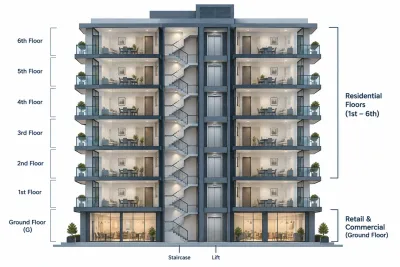 Cross-section of the G+6 Lake Harbour 2 building showing commercial ground floor and six residential levels