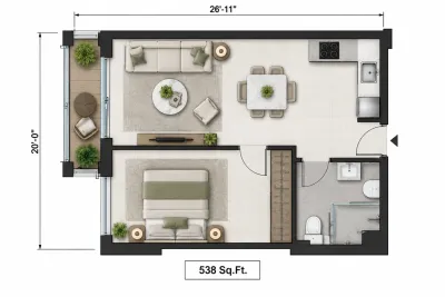 538 sq ft one-bed apartment layout showing bedroom, living and dining area, kitchen, bathroom and balcony