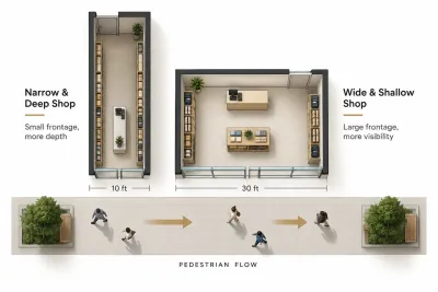 Diagram showing why wide shop frontage outperforms deep narrow retail units on a pedestrian route