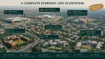 Aerial infographic showing Johar Town’s everyday-life ecosystem, including Emporium Mall, Lahore Expo Centre, Shaukat Khanum Memorial Cancer Hospital, UCP, UMT and Bahria University Lahore campus.