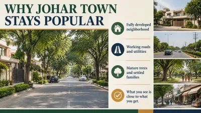 Infographic showing an established Johar Town Lahore neighborhood with tree-lined streets, working roads, settled homes, mature trees, families and local shops.