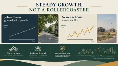 Infographic comparing Johar Town’s gradual property-price growth with the more volatile price movement of a newer housing scheme, highlighting mature streets and end-user demand.