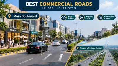 Busy Main Boulevard in Johar Town, Lahore, lined with shops, offices, traffic and pedestrians.