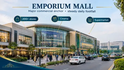 Exterior of Emporium Mall in Johar Town, Lahore, with shoppers, cars and nearby commercial activity.