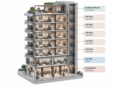 Lake Harbour floor plan zoning with shops, offices, serviced apartments and rooftop penthouse