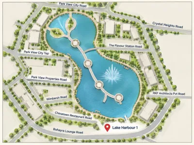 Lake Harbour 1 location near the central lake and surrounding road network.