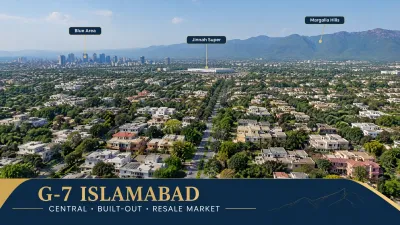 Aerial view of G-7 Islamabad showing tree-lined residential streets, Blue Area, Jinnah Super, and the Margalla Hills.