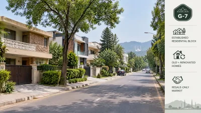 Street-level view of a G-7 Islamabad residential block with mature trees, older houses, and renovated home facades.