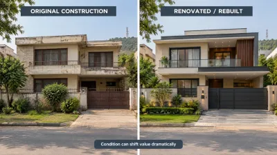 Side-by-side comparison of an original older G-7 house and a modern renovated or rebuilt house.