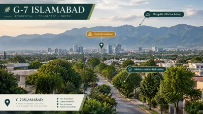 Panoramic infographic of G-7 Islamabad showing a mature residential sector with tree-lined streets, a central location marker and the Margalla Hills in the background.