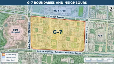 Street-map infographic showing G-7’s boundaries, with Jinnah Avenue to the north, 7th Avenue and G-6 to the east, Kashmir Highway and the Pak-China Friendship Centre to the south, and Faisal Avenue and PIMS Hospital to the west.