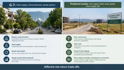 Side-by-side infographic comparing G-7 Islamabad’s fixed supply, central demand and steady pattern with a peripheral society’s new construction, new supply and higher development uncertainty.