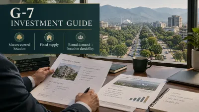 Infographic showing an investor reviewing G-7 Islamabad property documents beside a city view, with the key investment factors of mature central location, fixed supply, and rental demand.