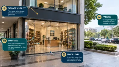 Interior and storefront of a small retail unit in a Markaz-style building with glass frontage, product shelves, visible signage space, parking, and an upper-floor office.