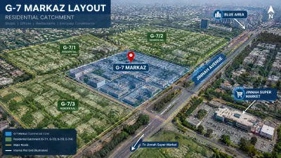 Illustrative aerial map of G-7 Markaz Islamabad showing the commercial area, surrounding G-7 residential blocks, Jinnah Avenue, Blue Area, and Jinnah Super Market.