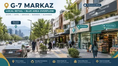 A busy G-7 Markaz Islamabad commercial street with cafés, a pharmacy, grocery store, professional offices, pedestrians, parked cars, and greenery.
