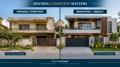 Split-screen comparison of an older G-7 Islamabad house with dated construction and a modern renovated or rebuilt house.
