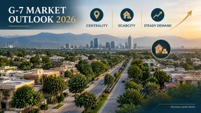 Aerial view of an established G-7 Islamabad neighborhood with greenery, residential streets, the city skyline, and infographic labels for centrality, scarcity, and steady demand.