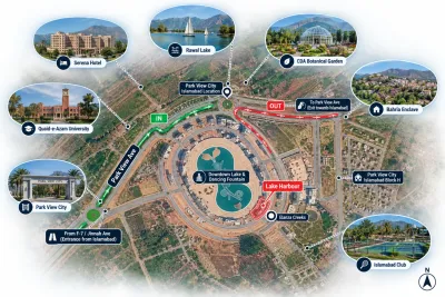 Lake Harbour nearby landmarks including the Botanical Garden, Bahria Enclave, Bani Gala, Rawal Lake and Serena Hotel