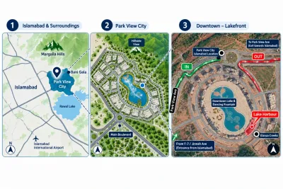 Park View City Islamabad map showing Zone IV, Downtown block and Lake Harbour location in three layers
