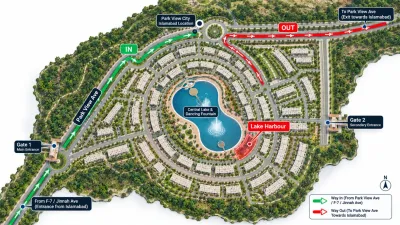 Lake Harbour Gate 2 Park View City diagram comparing the Main Gate and Gate 2 routes to Downtown