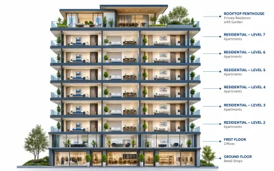 Lake Harbour floor-by-floor diagram showing retail, offices, apartments and rooftop penthouse