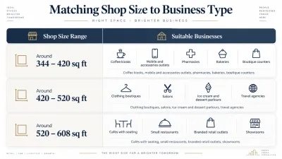 Infographic showing three shop size ranges from 344 to 608 sq ft with suitable businesses such as coffee kiosks, boutiques, salons, cafés, restaurants, pharmacies, and showrooms.