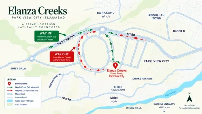 Map showing Elanza Creeks in Downtown Park View City Islamabad with marked way-in and way-out routes.