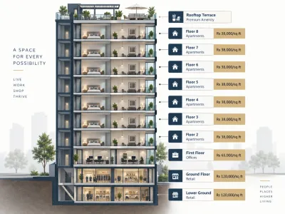 Elanza Creeks price per square foot by floor, lower ground, ground, first floor offices and apartment levels